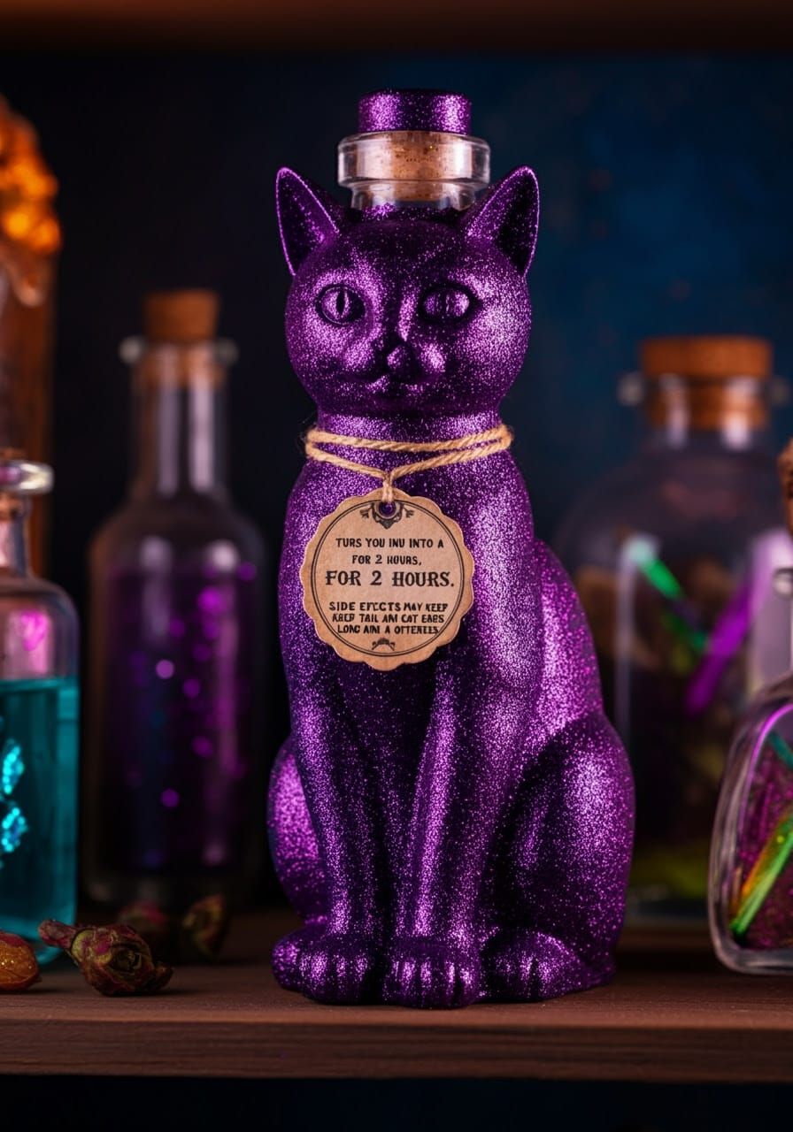 Elegant Sitting Cat Potion Bottle in Dark Purple Glitter