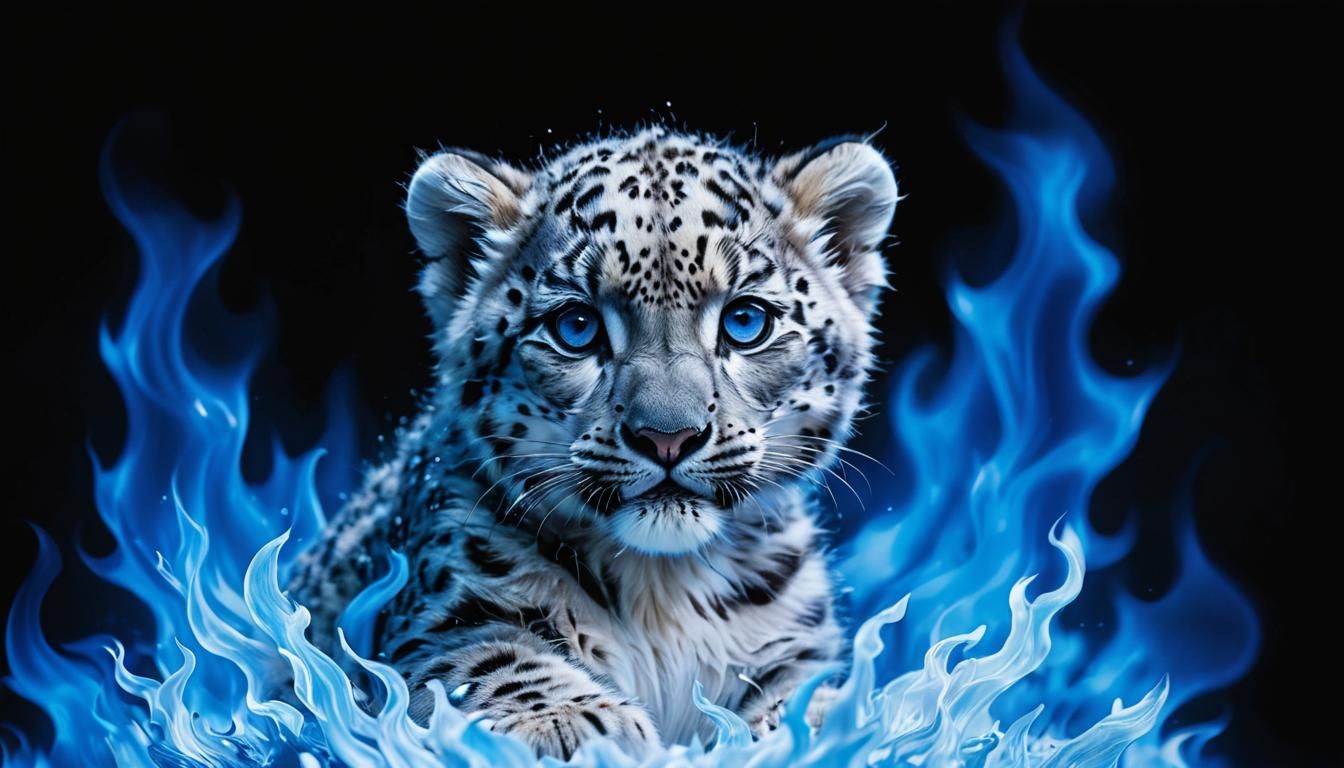 Fluffy Snow Leopard Cub in Blue Flames