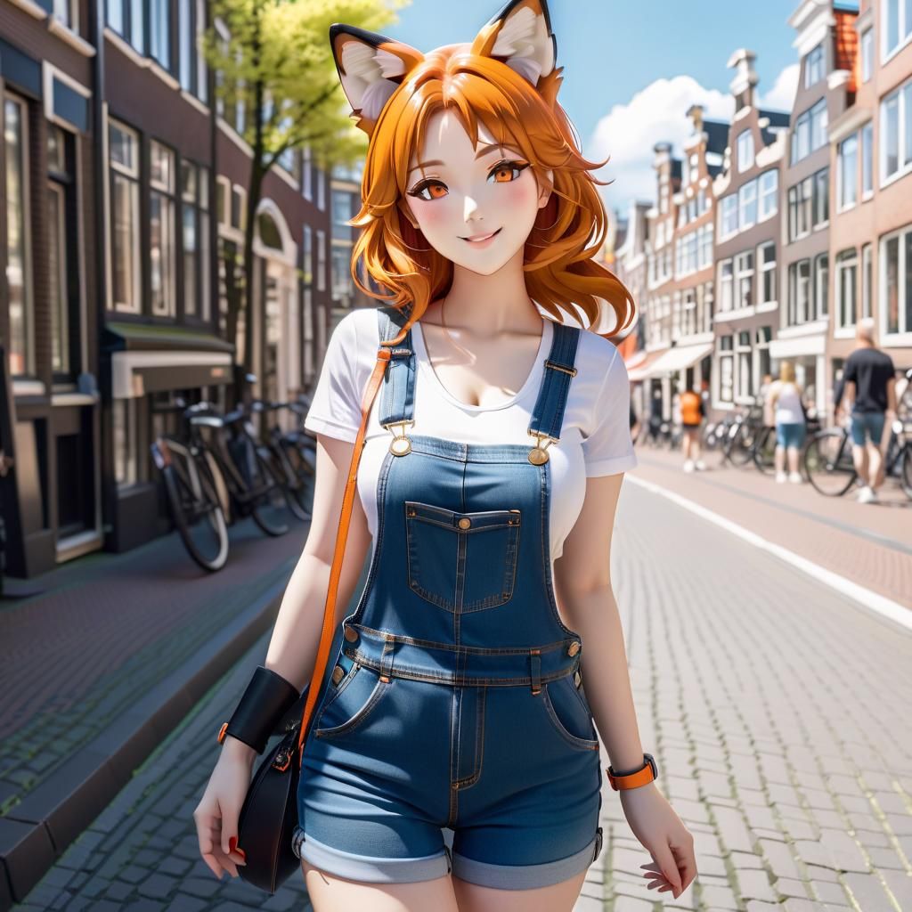 Anime Fox-Woman in Amsterdam, Cel-Shaded Digital Art