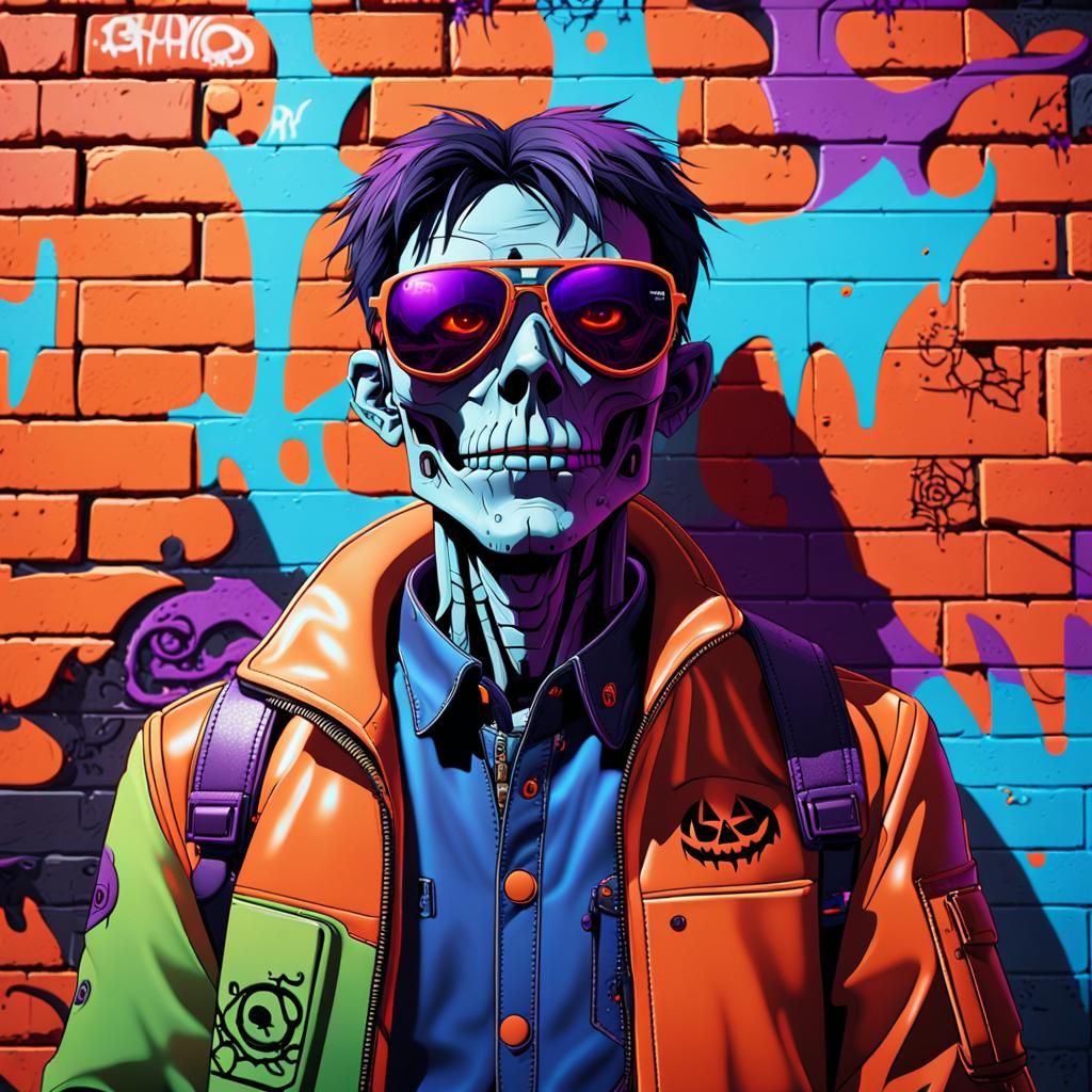 Cyberpunk Ghoul with Halloween Graffiti in Vibrant Colors
