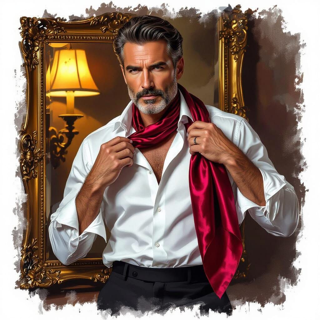 Distinguished Man Contemplates Silk Scarf in Baroque Style