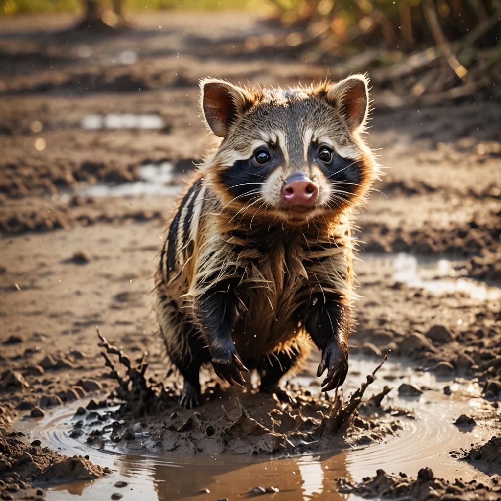 Pig-Raccoon Hybrid Leaps in Mud: Watercolor Digital Art