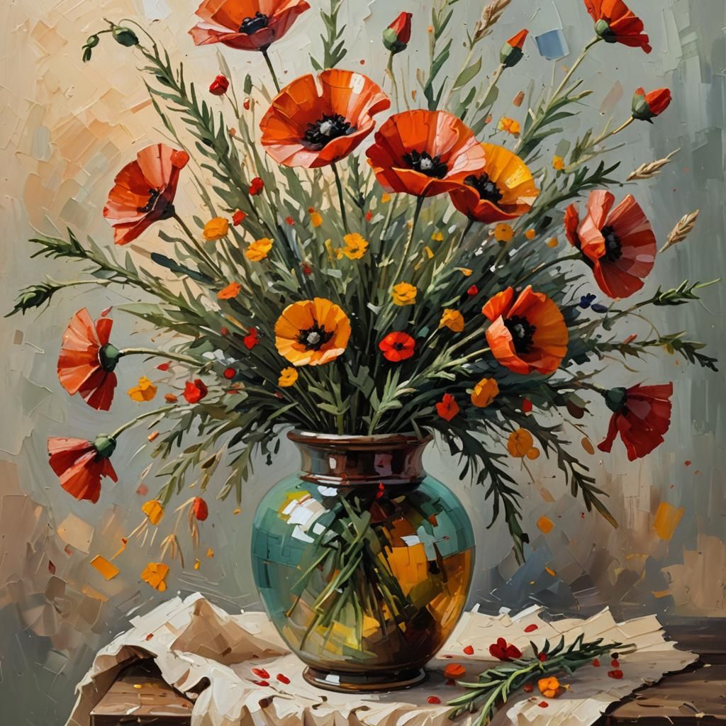 Vase with Poppies in Impressionist Oil Painting Style