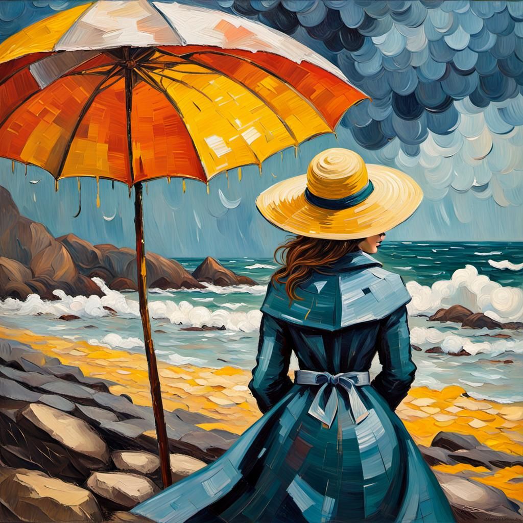 Woman in Raincoat by Moody Sea, Impasto Style
