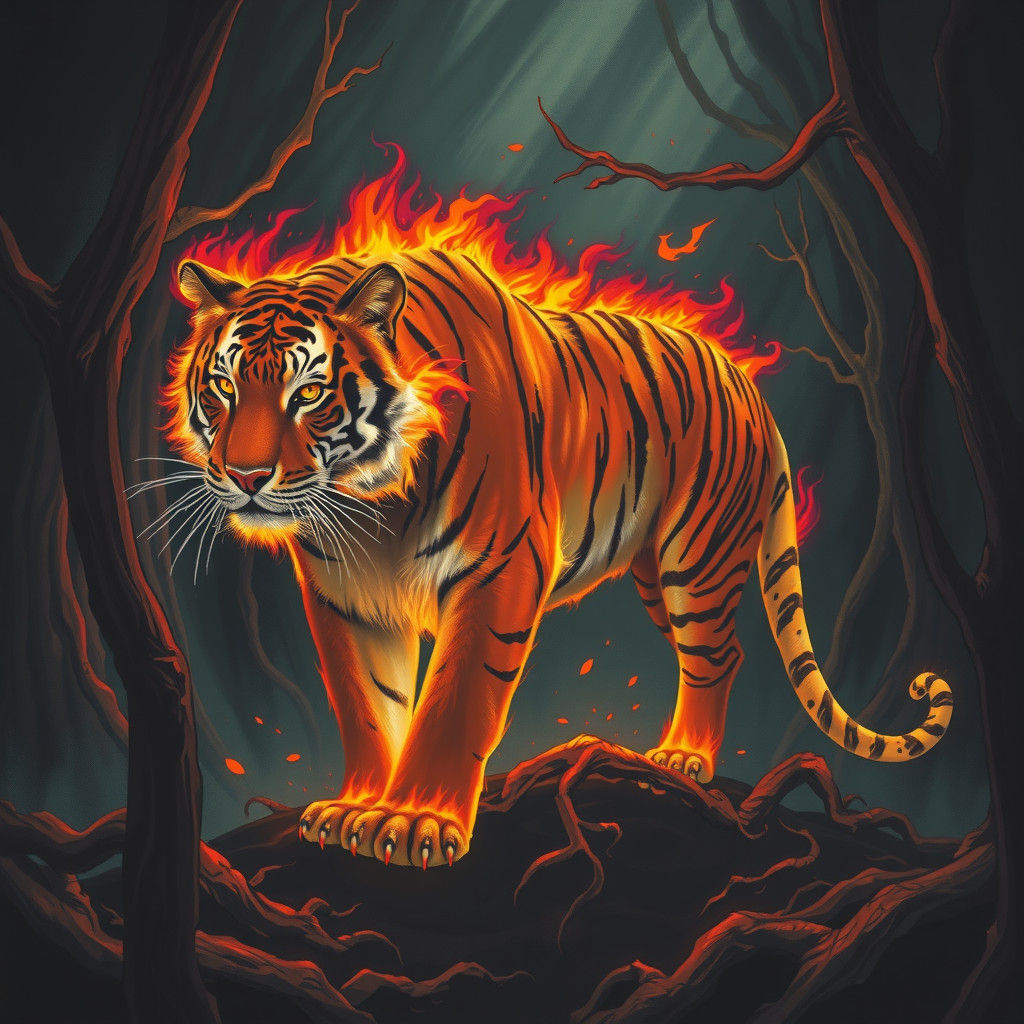 Majestic Fire Tiger in Dark Mystical Forest