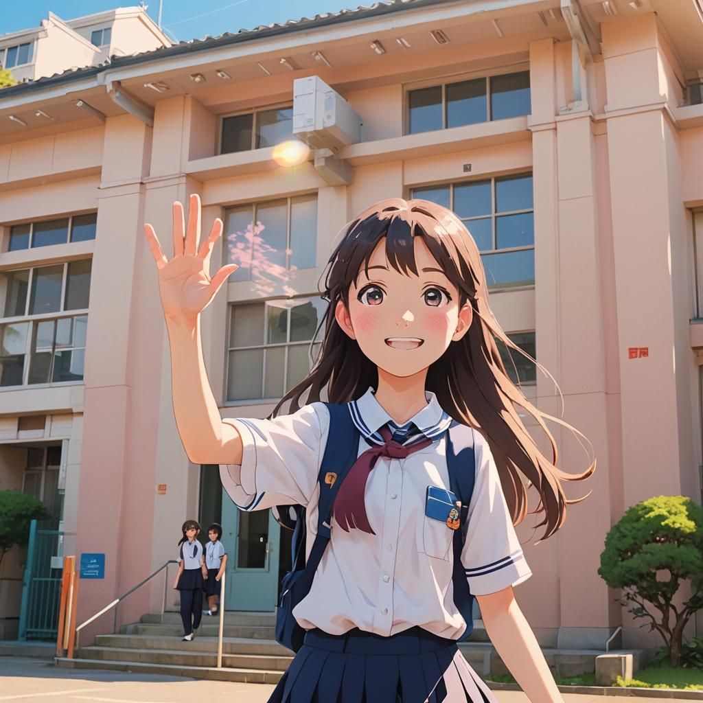 Anime Girl in School Uniform Waving Hello