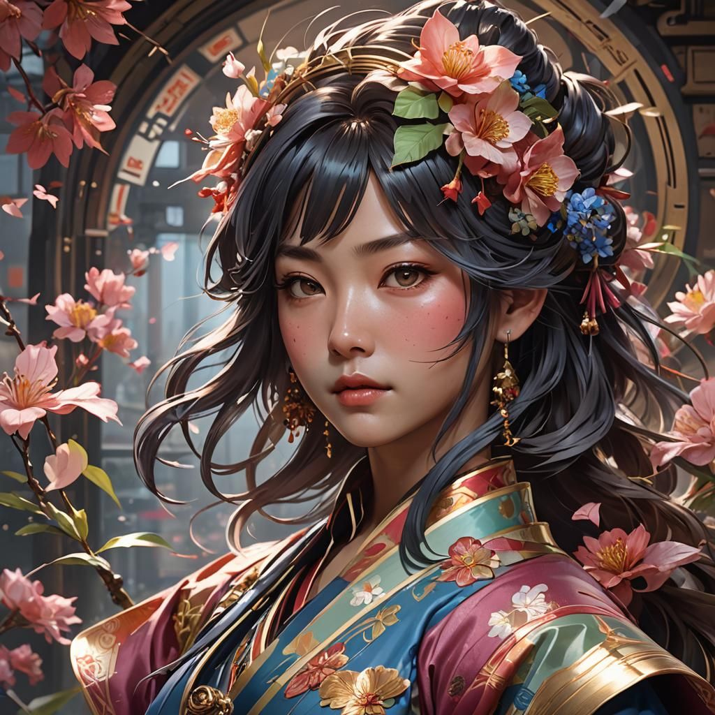 Detailed Japanese Portrait by Rutkowski, Artgerm, and Mucha