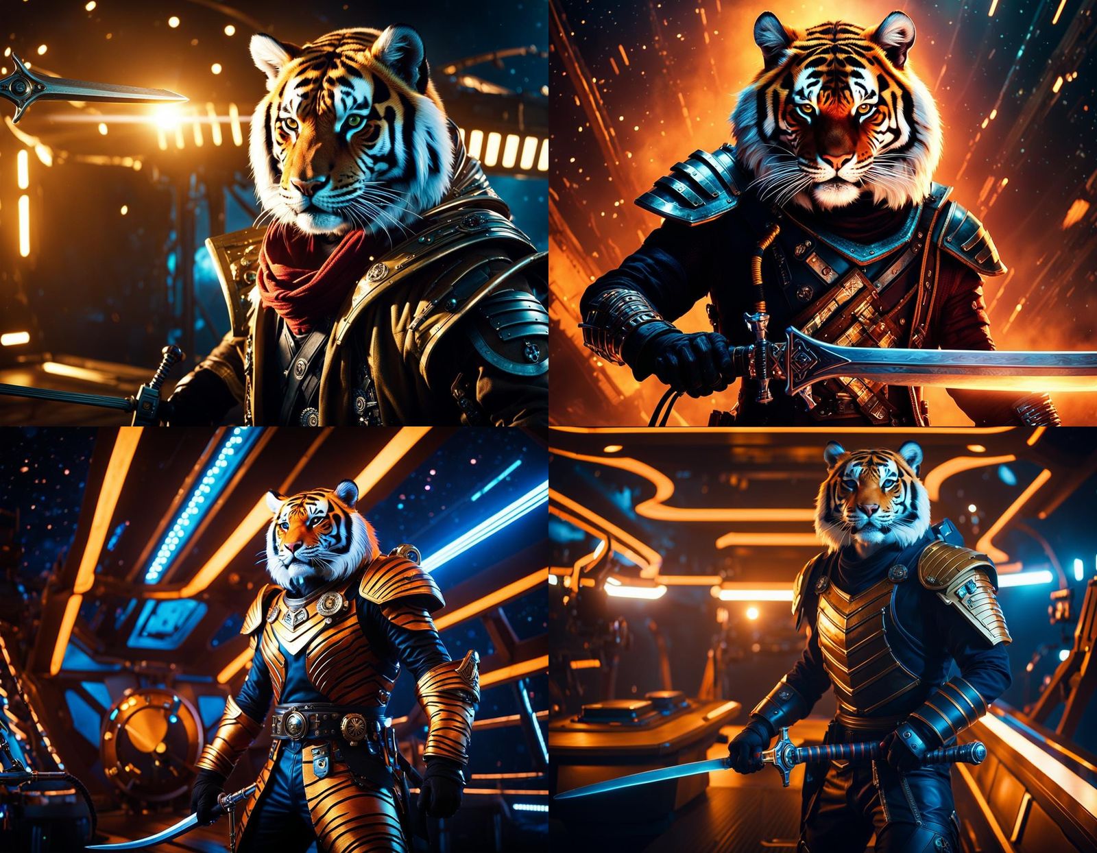 Space Pirate Tiger with Glowing Sword: Cinematic Portrait