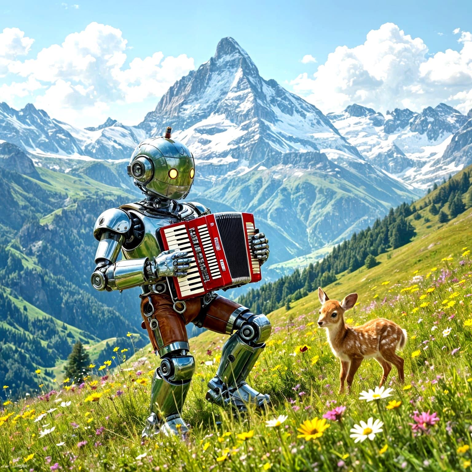 Whimsical Robot Plays Accordion to Fawn in Swiss Alps