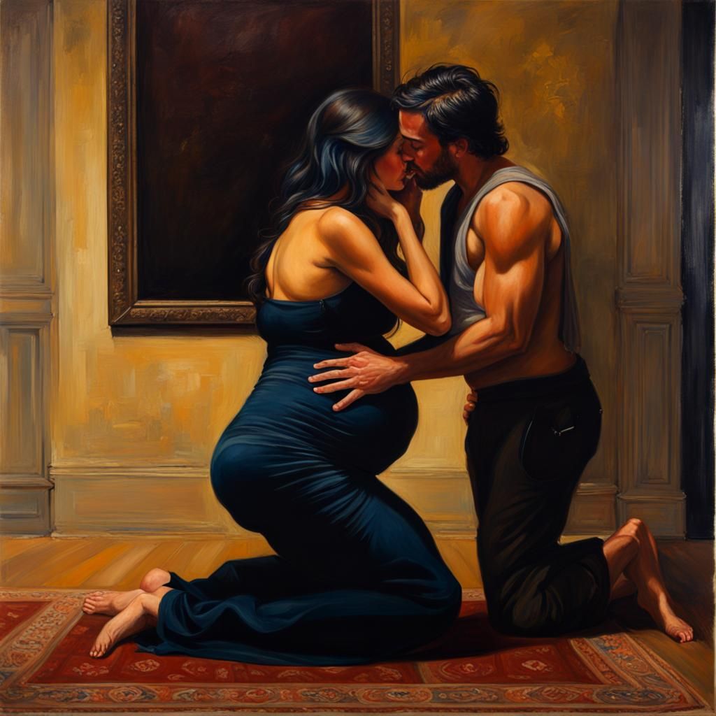 Man Kneeling Before Pregnant Wife, Gurney-Style Oil