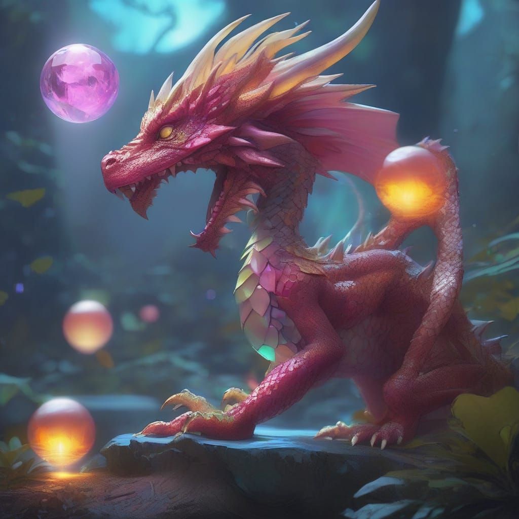 Dragon Cub Juggling Orbs: Hyper-Realistic Digital Art