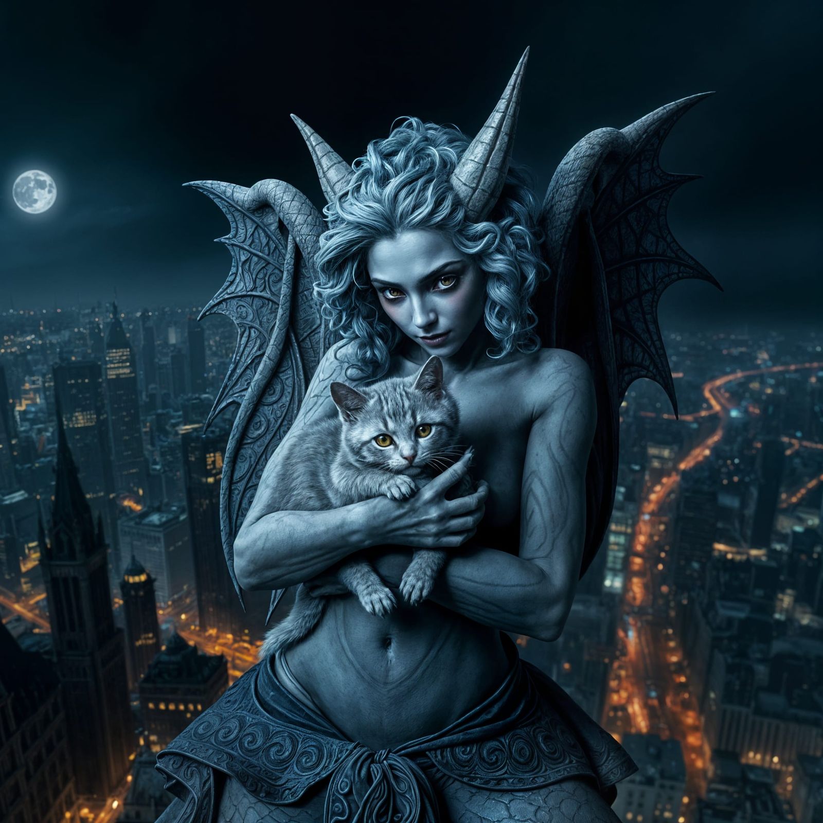 Gothic Gargoyle with Kitten in Fantasy Cityscape