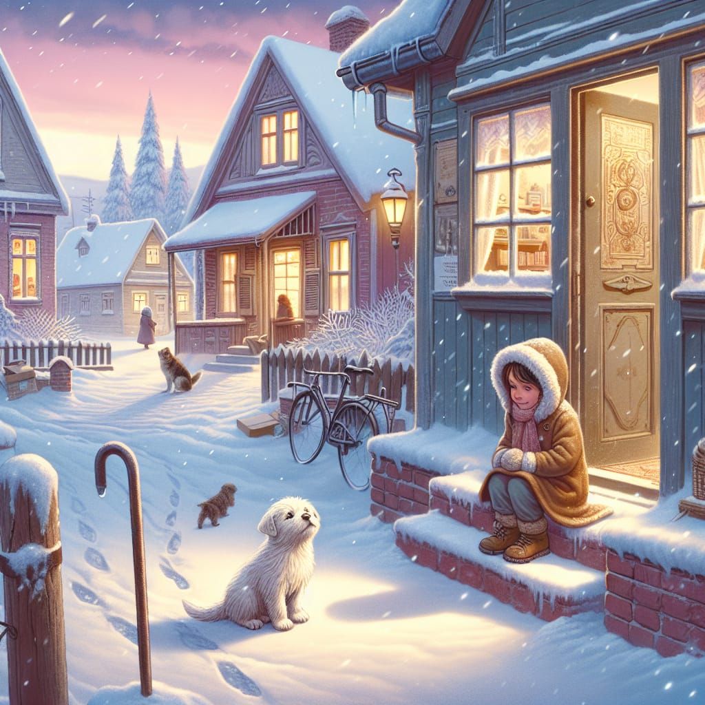 Girl and Puppy Winter Story in a Small Town