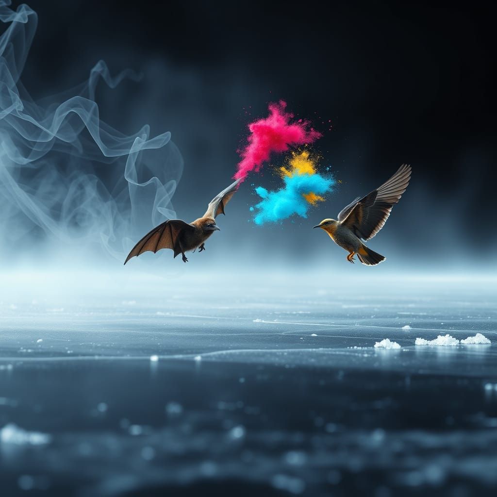 Bat Dissolving into Aerogel Filaments on Black Ice