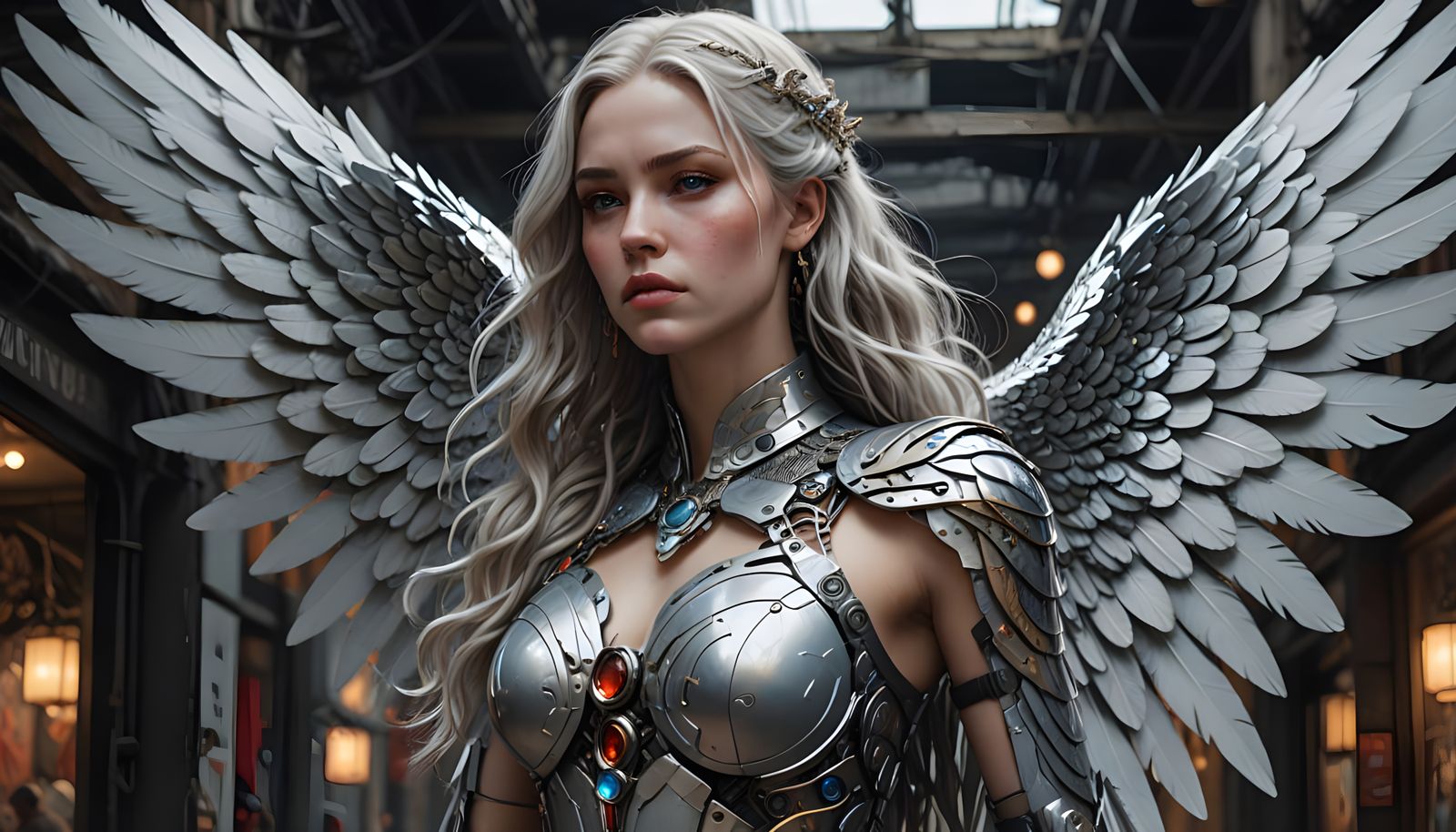 Hyperrealistic Digital Art of Majestic Silver-Haired Angelic...