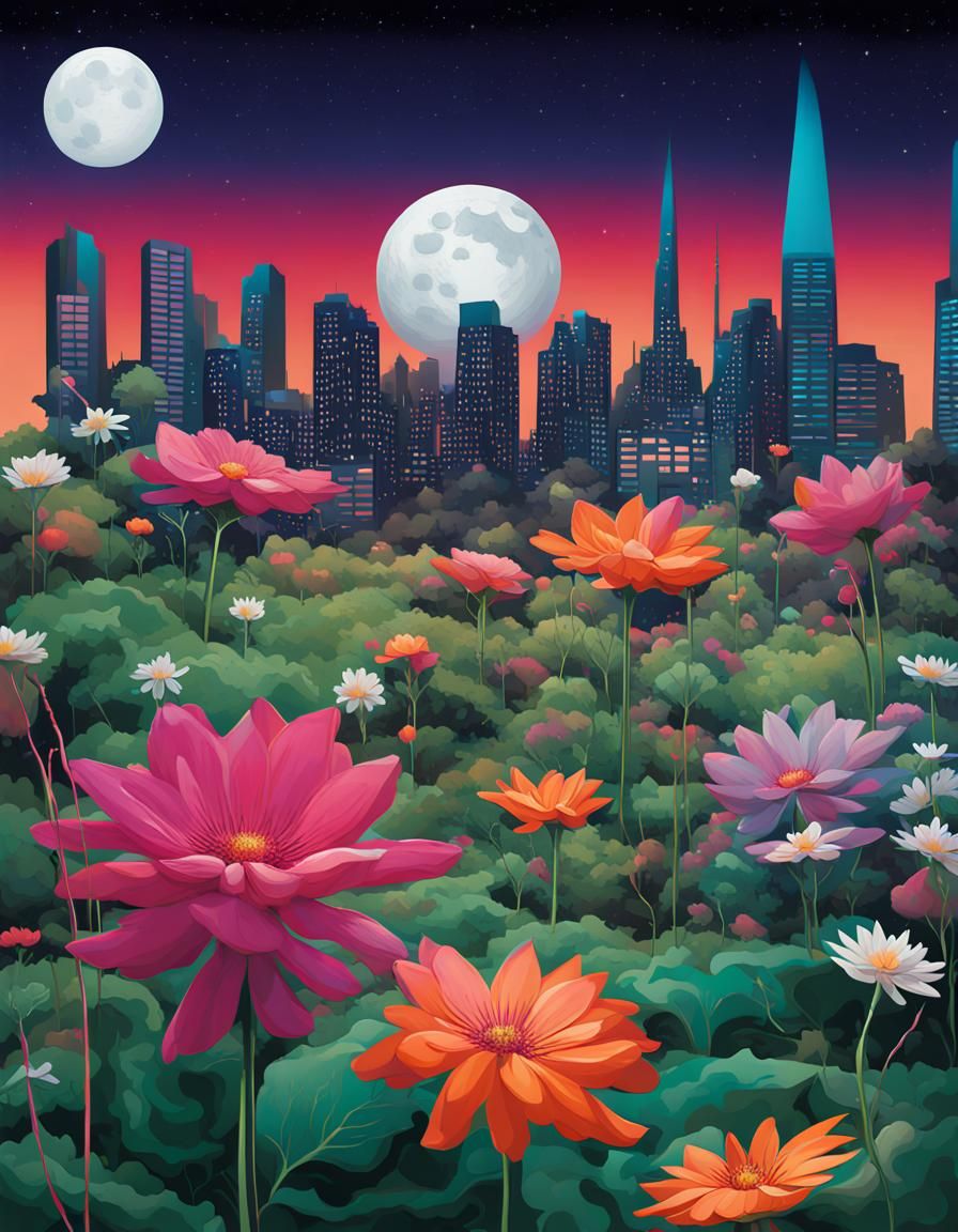 Futuristic Urban Garden with Three Moons