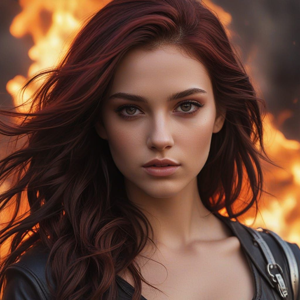 Dystopian Fire Goddess with Ruby Eyes as Oil Painting