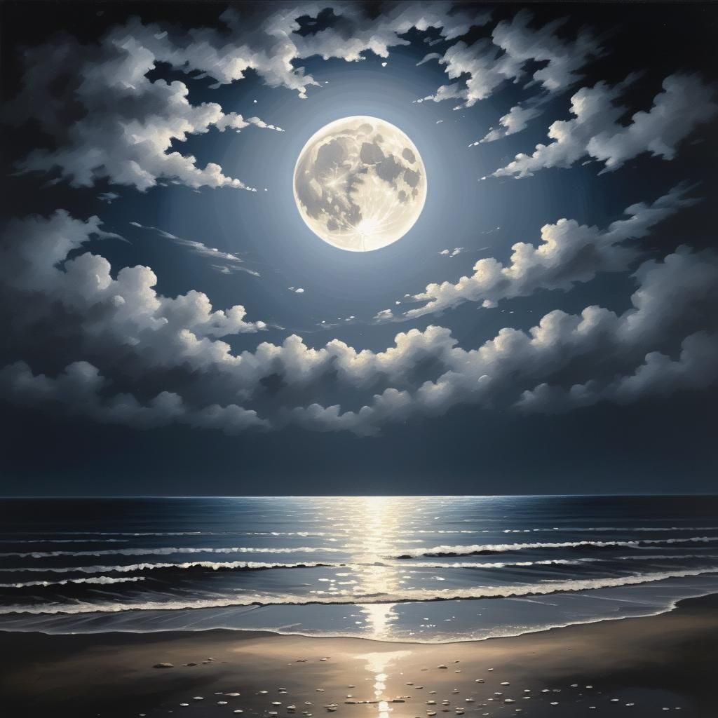 Glowing Full Moon Shines on Dark Beach
