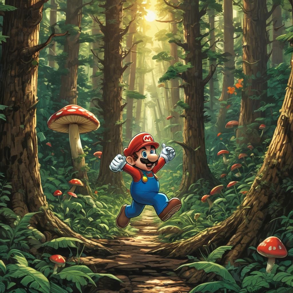 Mario Jumps Through Mushroom Forest in Comic Book Style