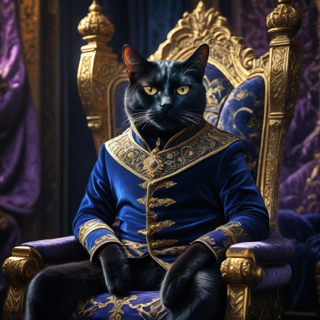 Fantasy Black Cat Prince in Ornate Throne Room