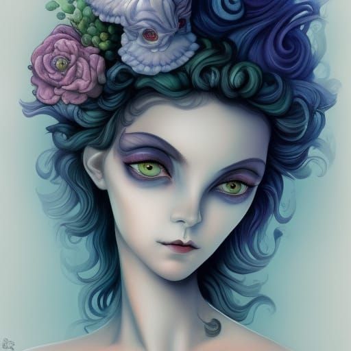 Ethereal Woman with Silver Hair in Gouache Style