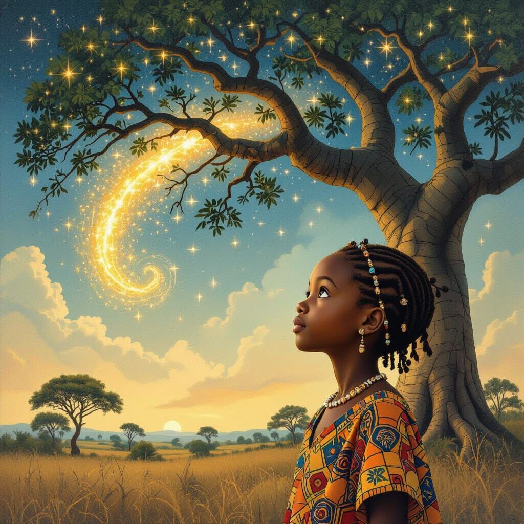 African Girl Gazes at Magical Baobab Tree's Glowing Branch