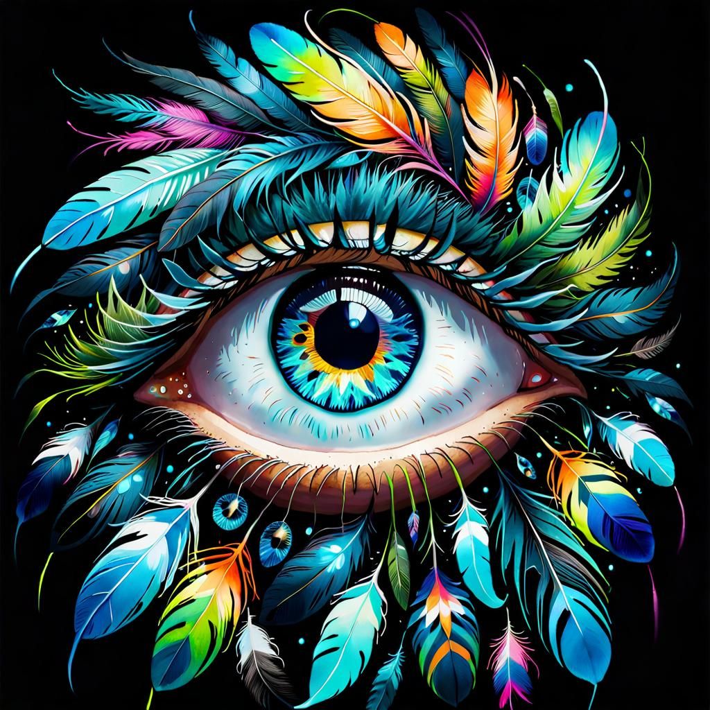 Bioluminescent Eye with Neon Feathers in Klimt Style