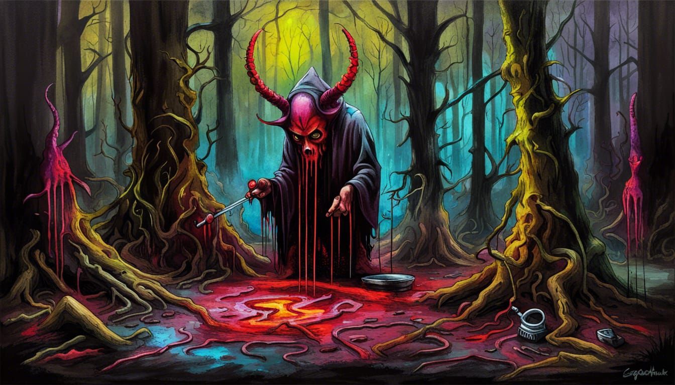 Sinister Satanic Ritual in Forest, Horror Graffiti Art