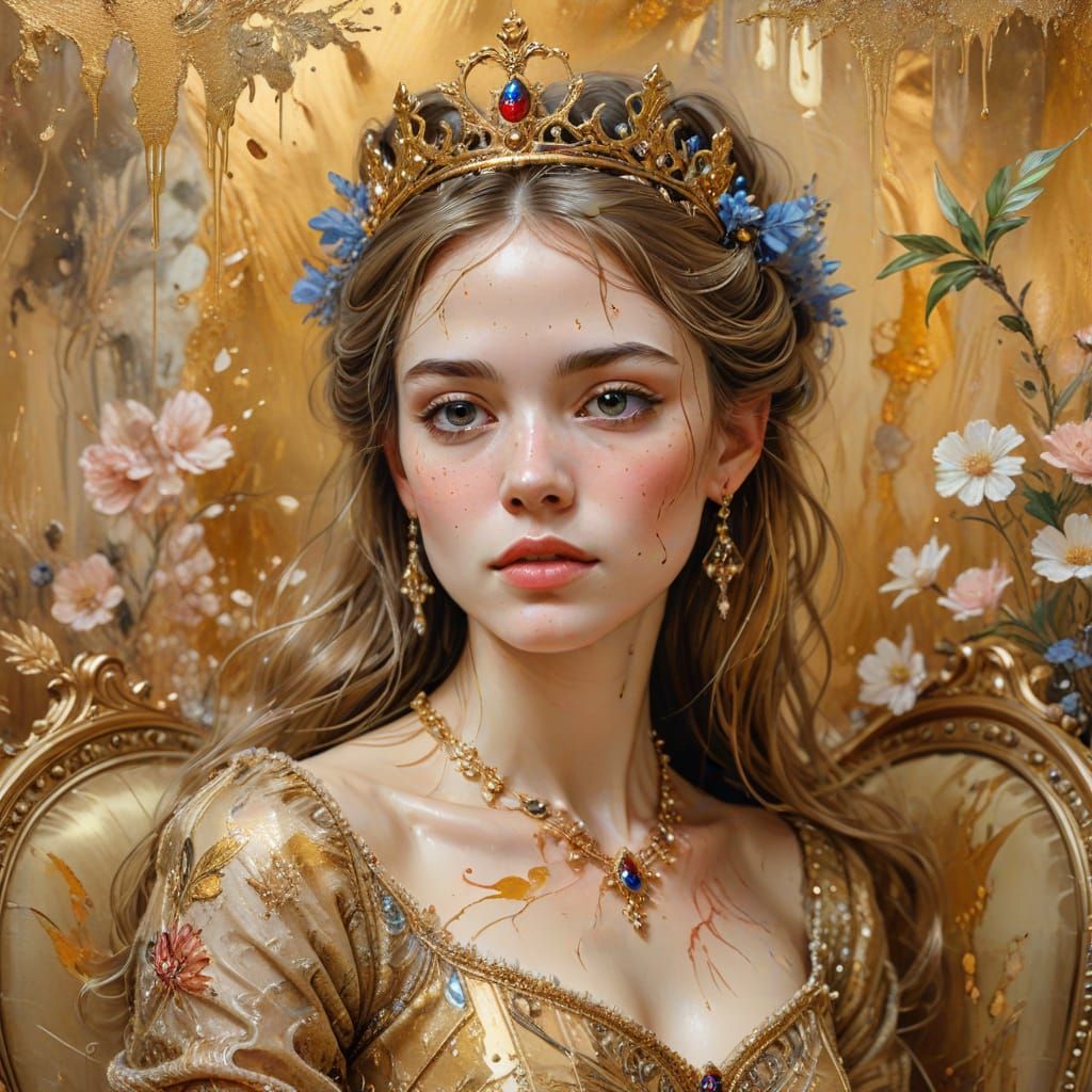 Surreal Royal Princess in Golden Watercolor Style