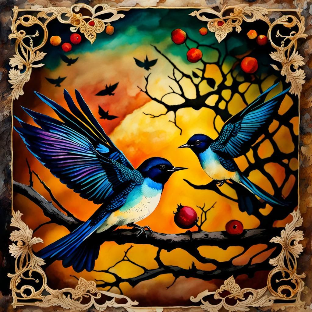 Vintage Watercolor Sunset Birds in Antique Style