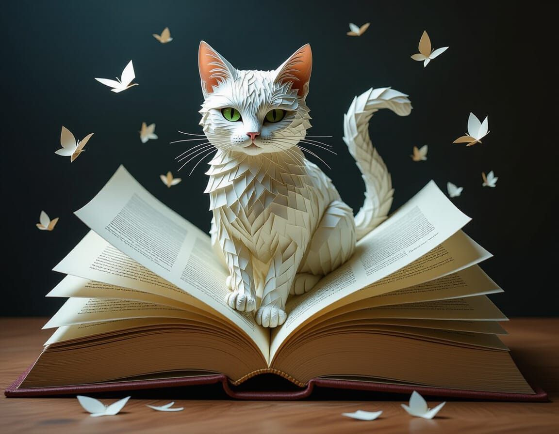 Ethereal Paper Cat Emerges from Book