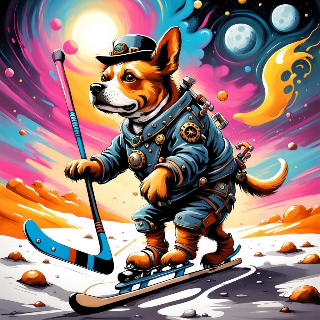 Steampunk Dog Hockey on Moon, Graffiti Art