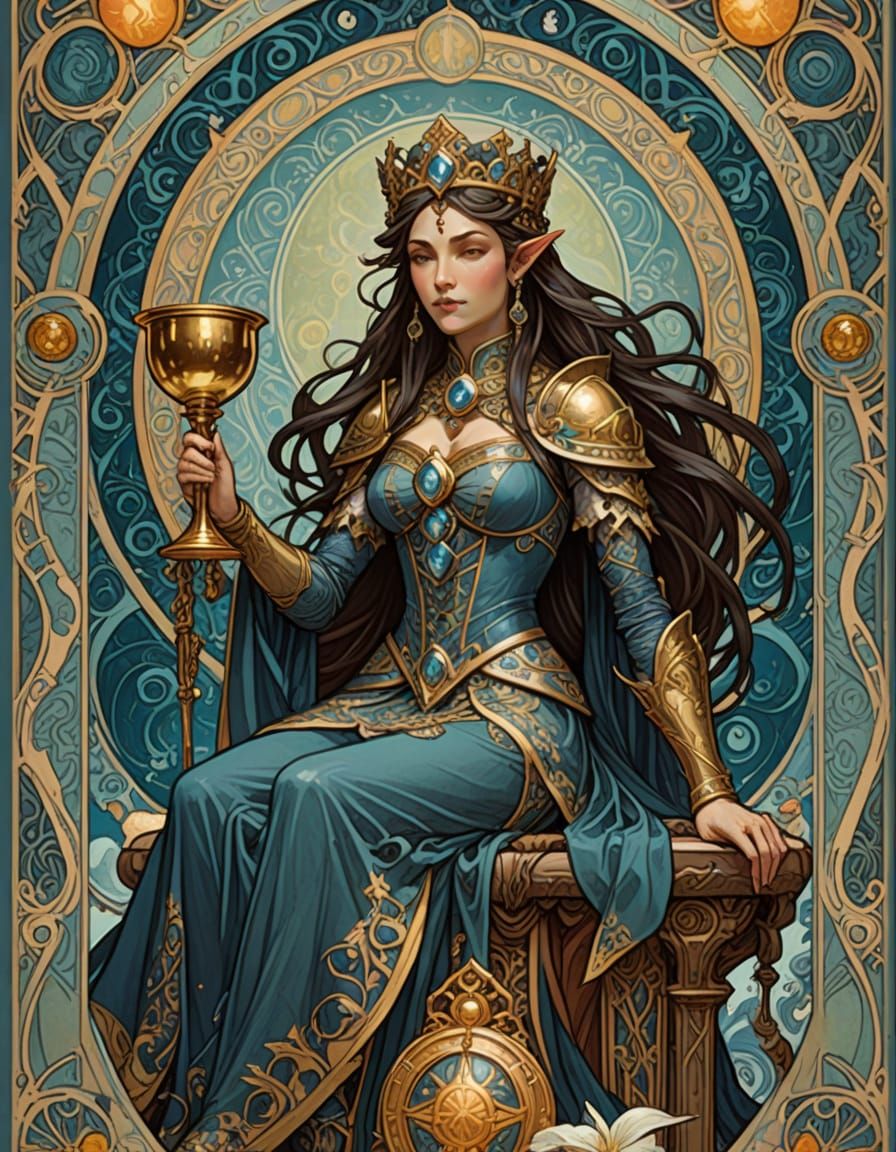 The Enigmatic Queen of Cups in Art Nouveau Style