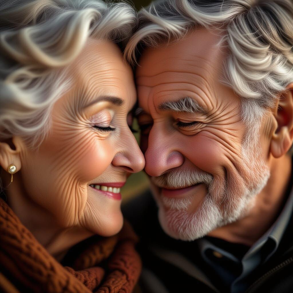Hyperrealistic Portrait of Elderly Couple, Cheek to Cheek