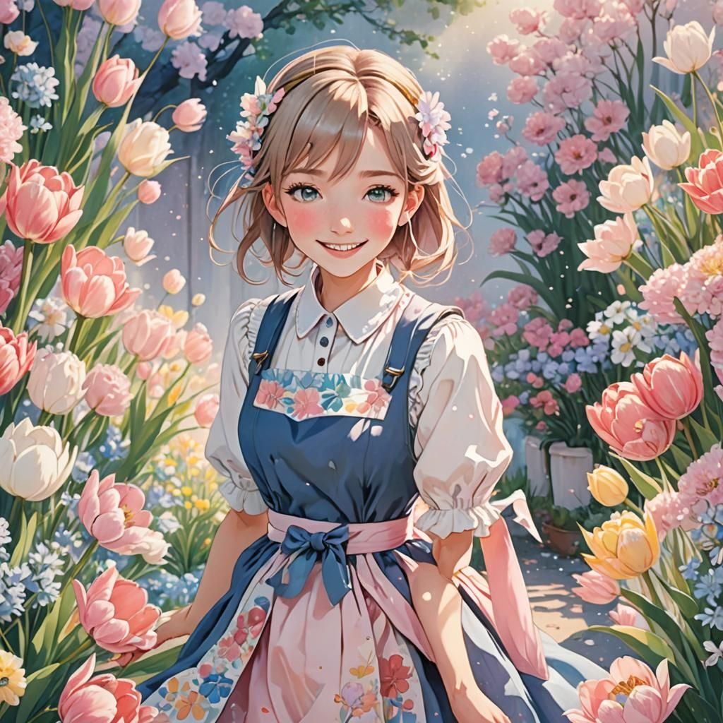 Anime Tulip Princess Surrounded by Pastel Flowers