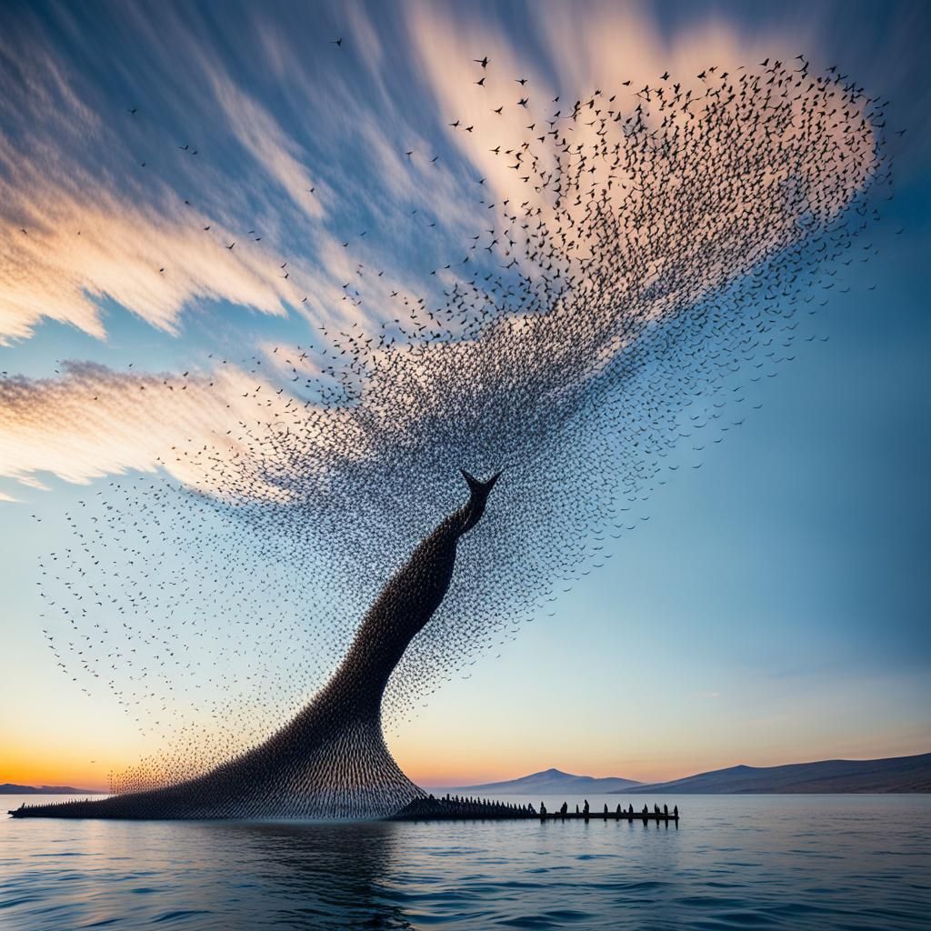 Starling Murmuration Forms Whale Shape in Sky