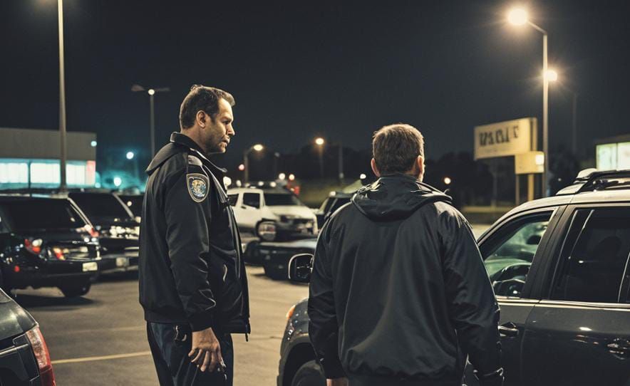 Dramatic Film Still: Man Talking to Police at Night