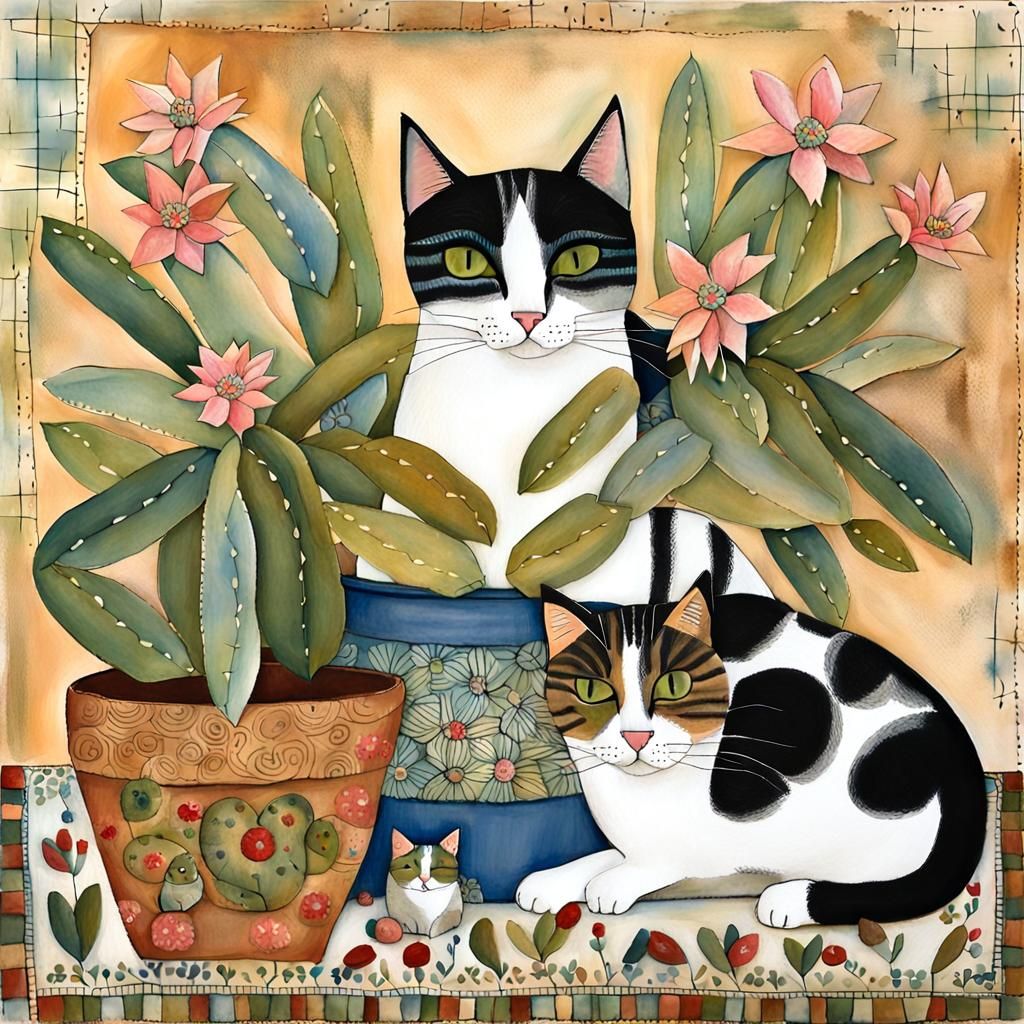 Calico Cat and Kittens in Folk Art Style
