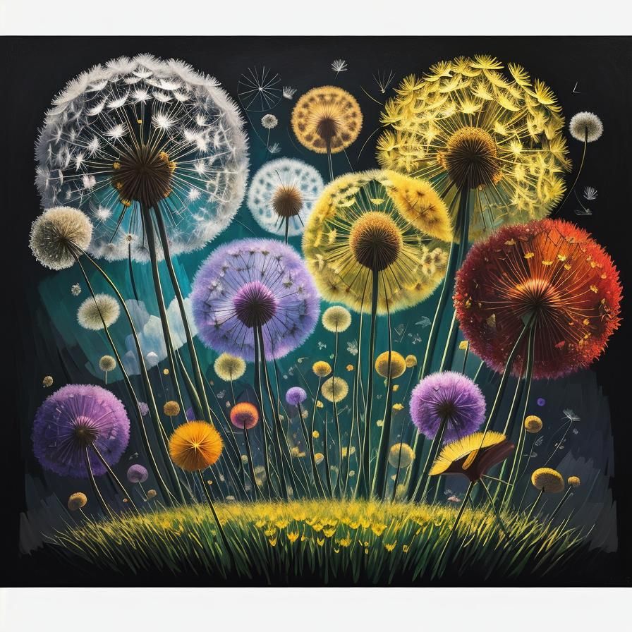 Fox Family in Surreal Dandelion Dreamscape Painting