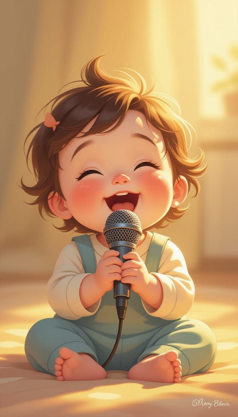Joyful Baby Sings into Microphone in Golden Light