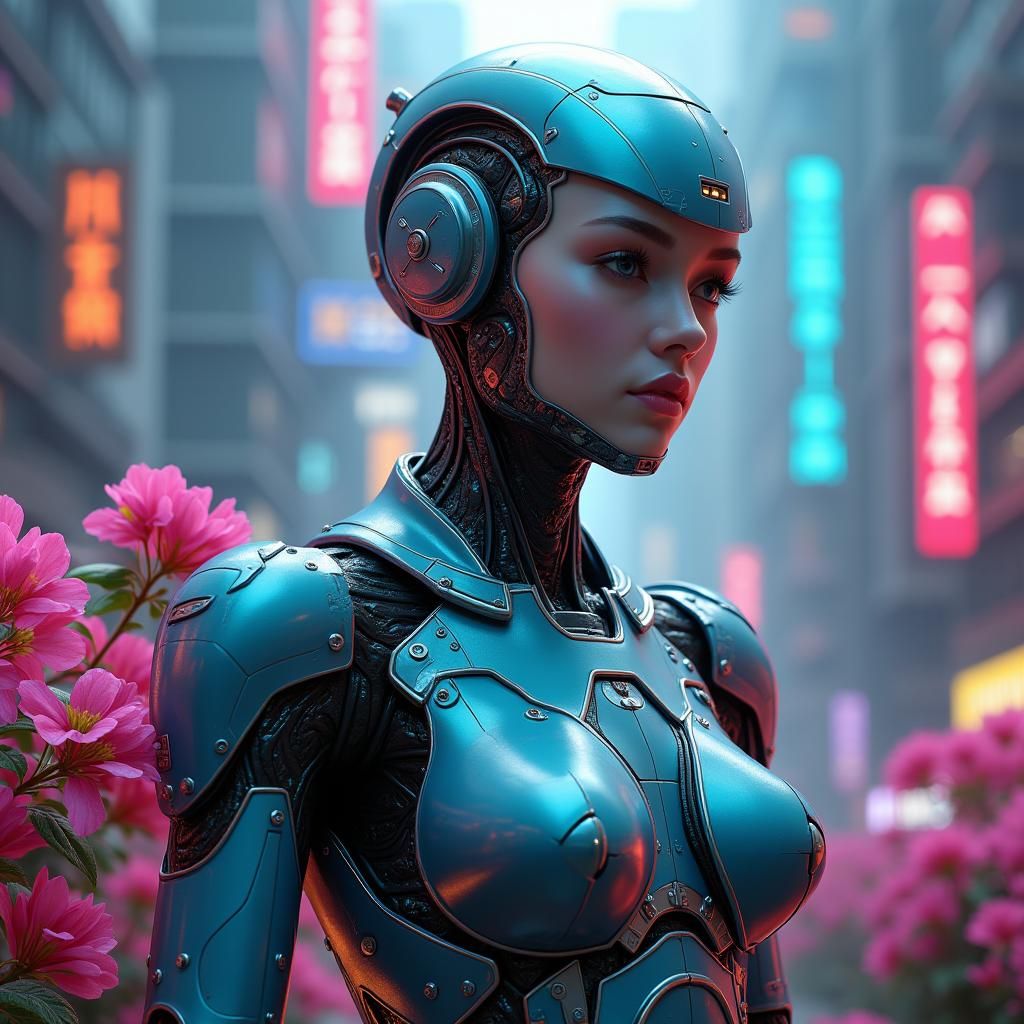 Futuristic Android Soldier in Dystopian Cityscape