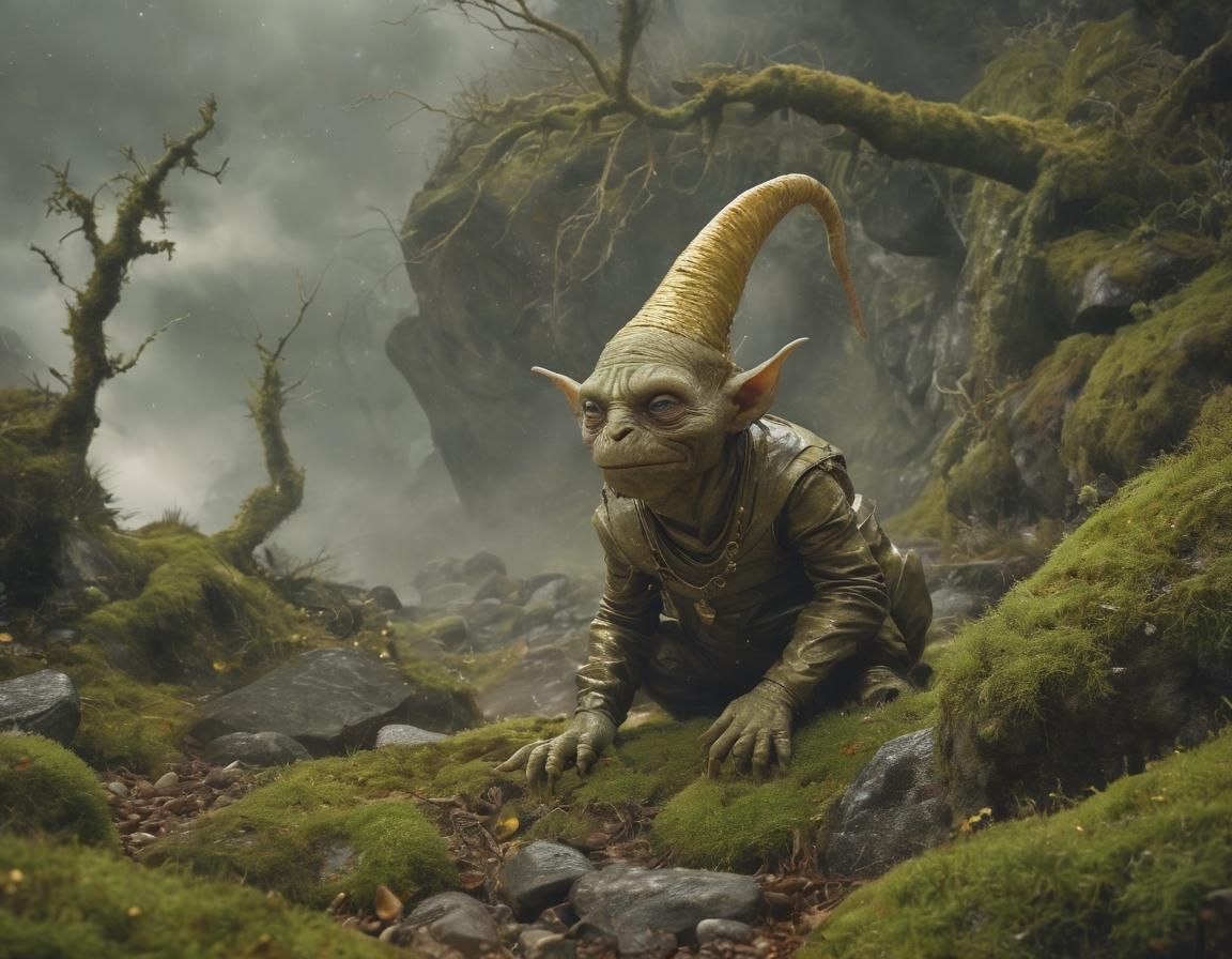 Furious Goblin Emerges from Cave in Whimsical Fantasy Landsc...