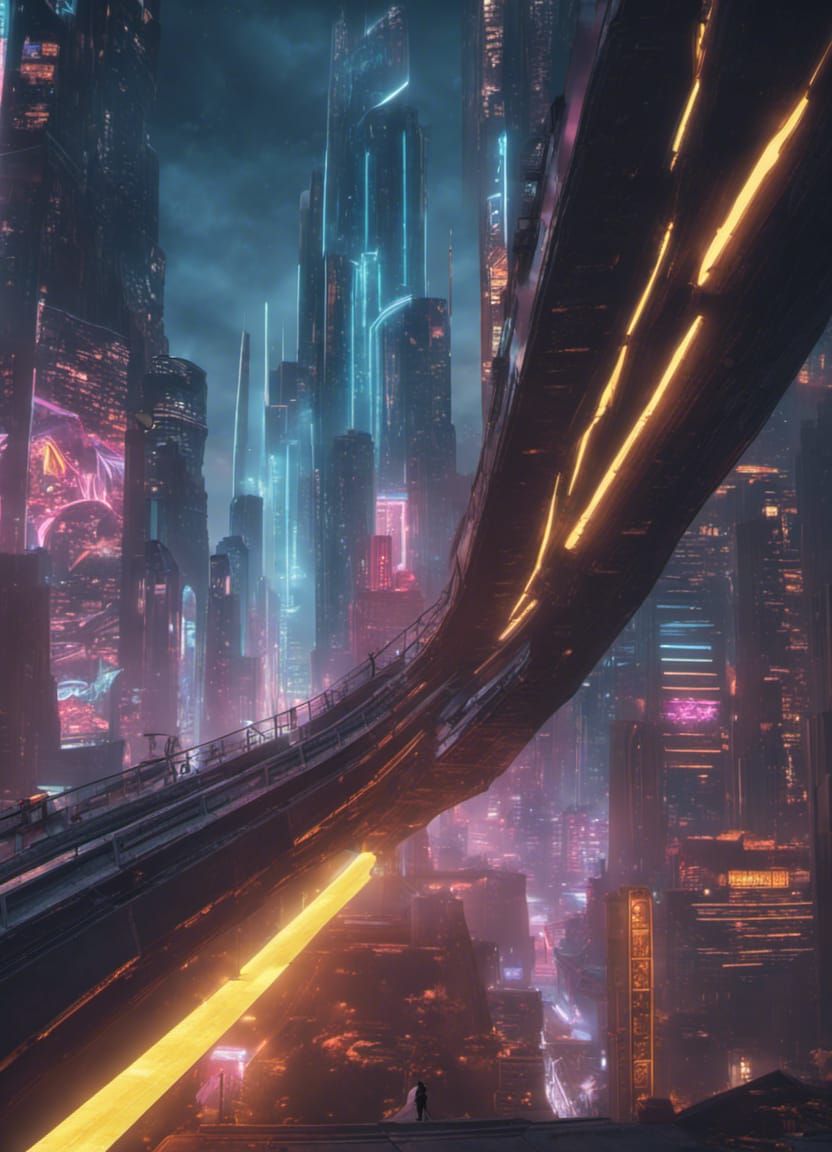 Cyberpunk Sky City Bridge with Neon Lights