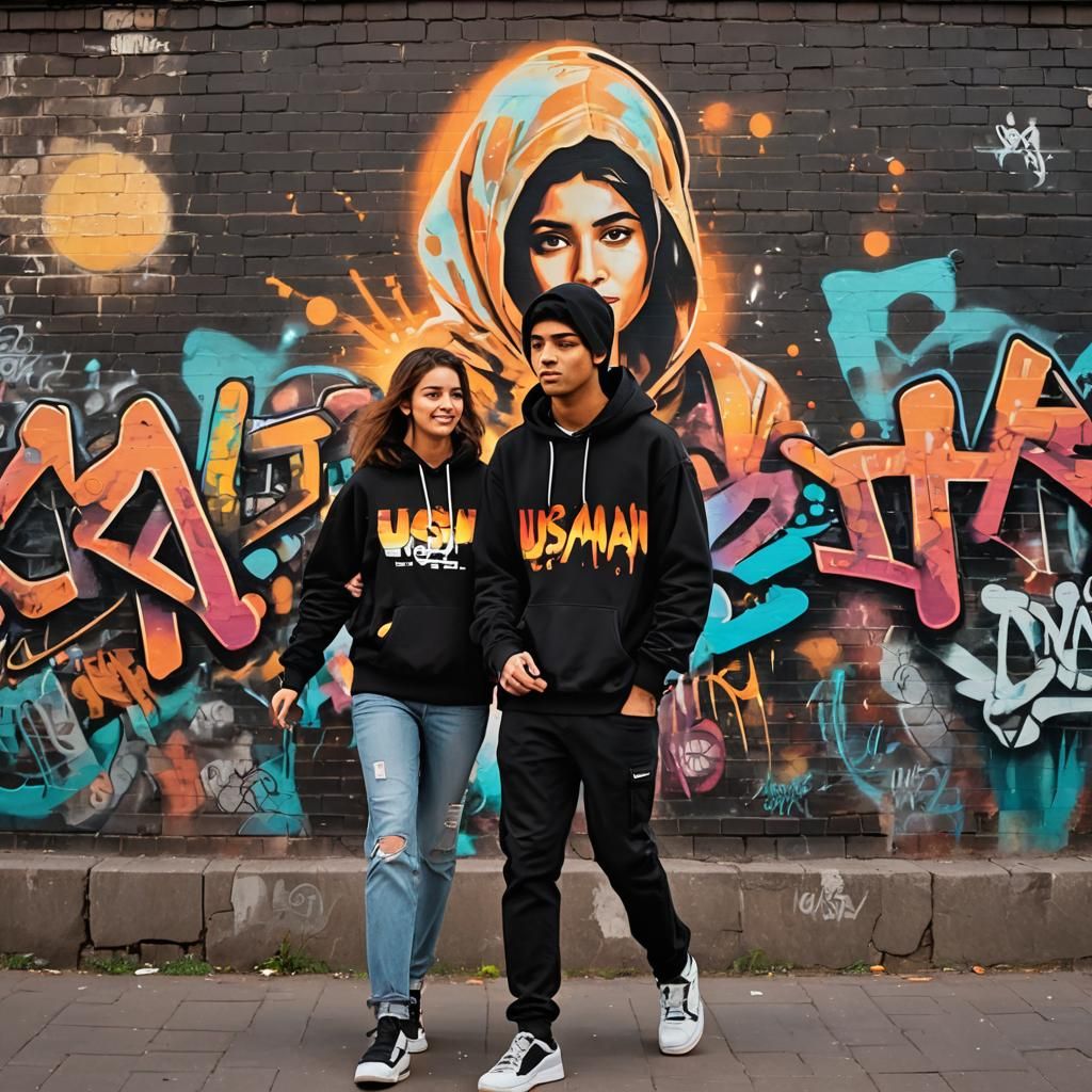Teenagers in Urban Graffiti Art Style with Sunset Glow