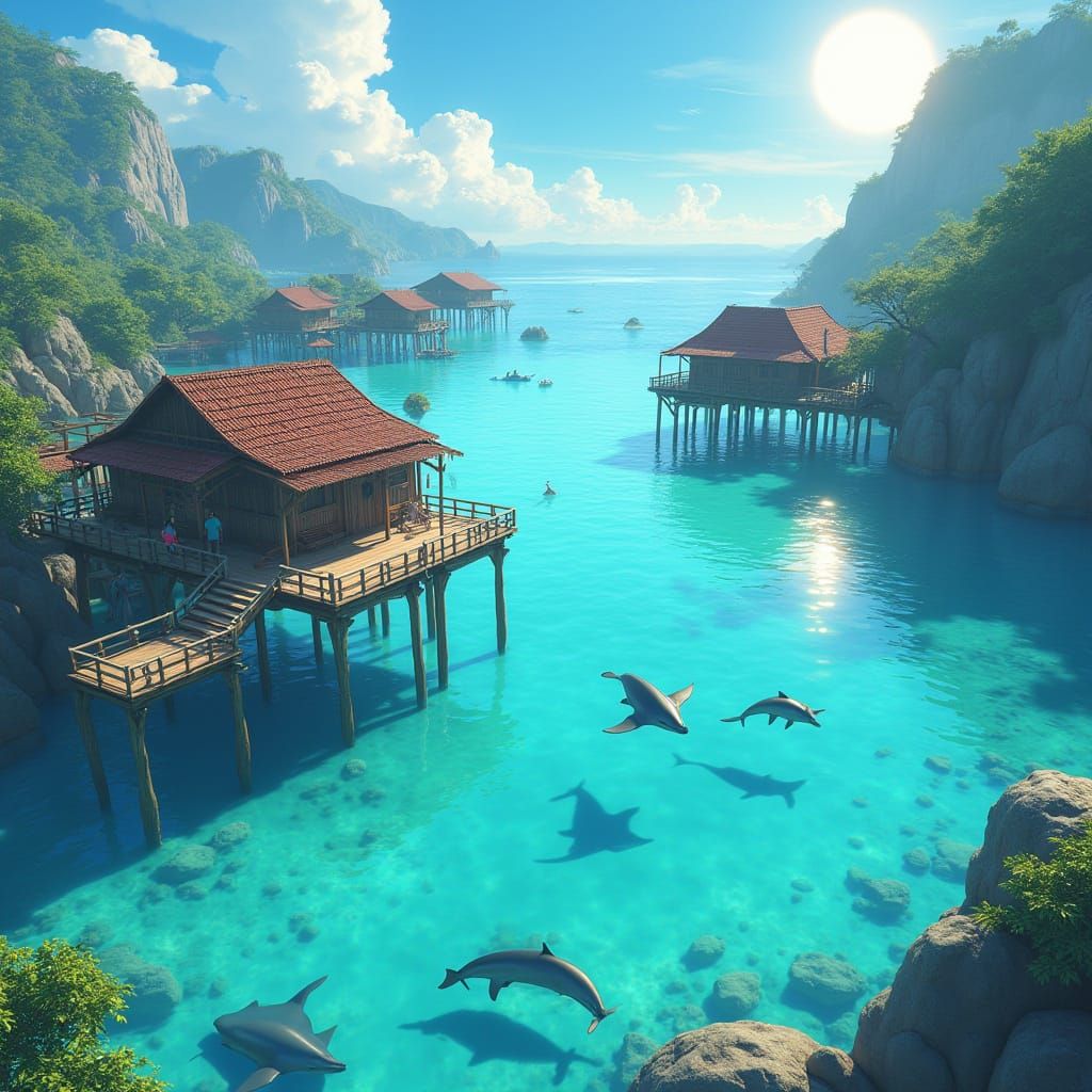 Lively Village on Stilts in Turquoise Water