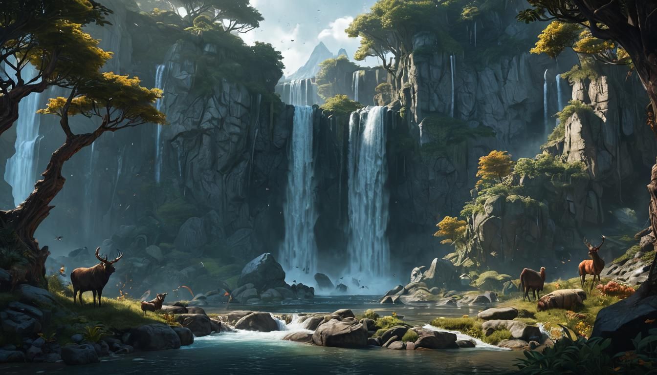 Dark Fantasy Landscape with Waterfall and Animals