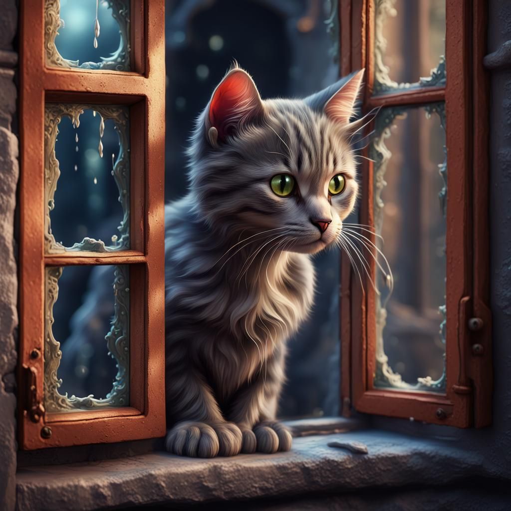 Cute Cat by Window, Detailed Fantasy Art