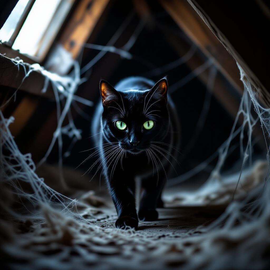 Black Cat Patrols Dusty Attic in Eerie Moonlight