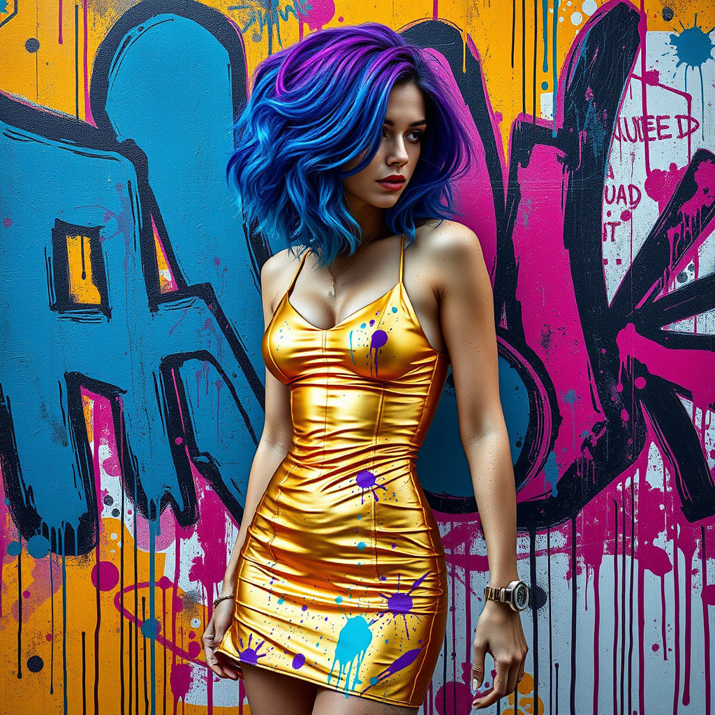 Athletic Woman in Splattered Dress, Graffiti Art Style