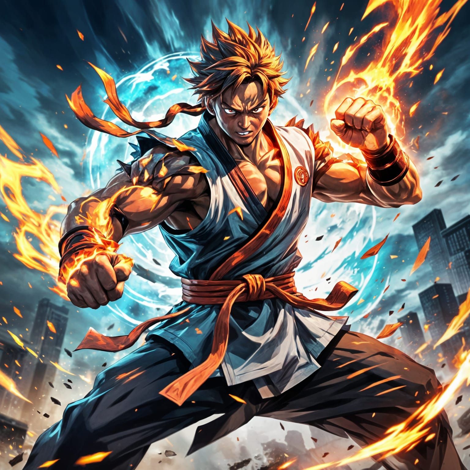 Anime Karate Warrior Mid-Attack with Fiery Energy